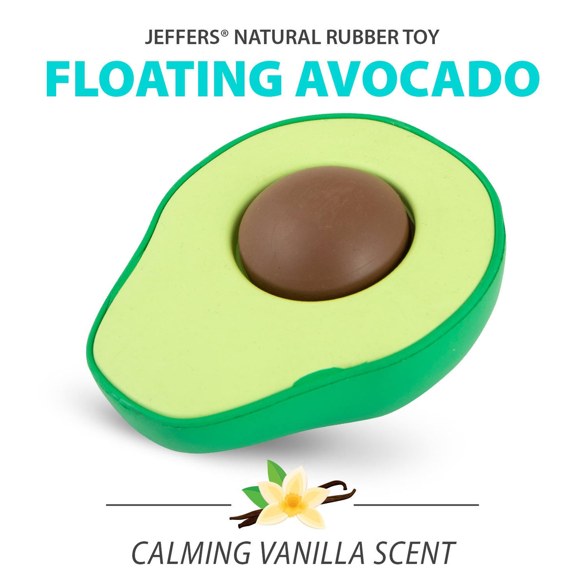 Avocado-shaped floating rubber dog chew toy with brown center, lime green