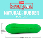 Green natural rubber dog chew toy shown on package card, oval chew shape