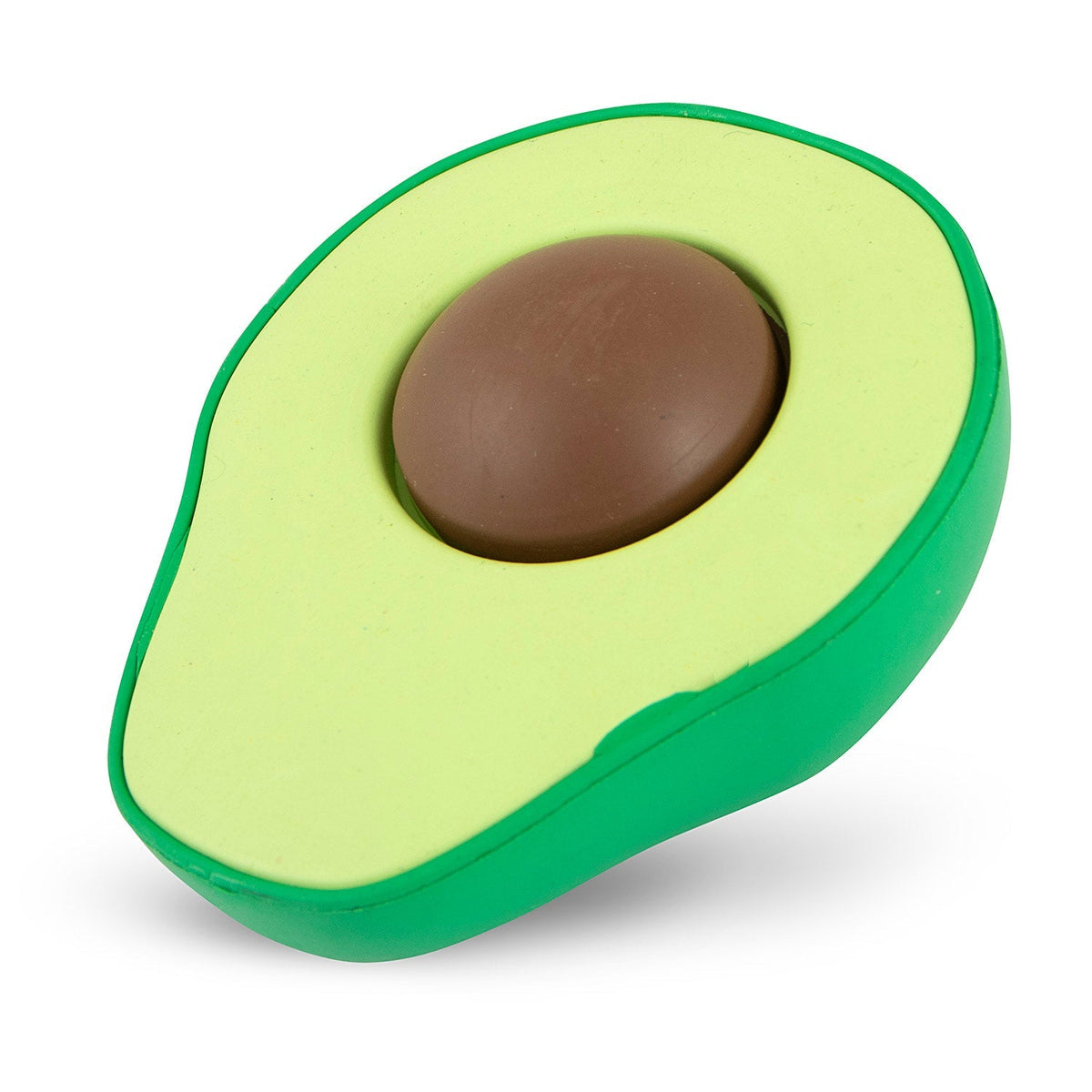 Close-up of avocado-shaped floating rubber dog chew toy with brown center, lime green
