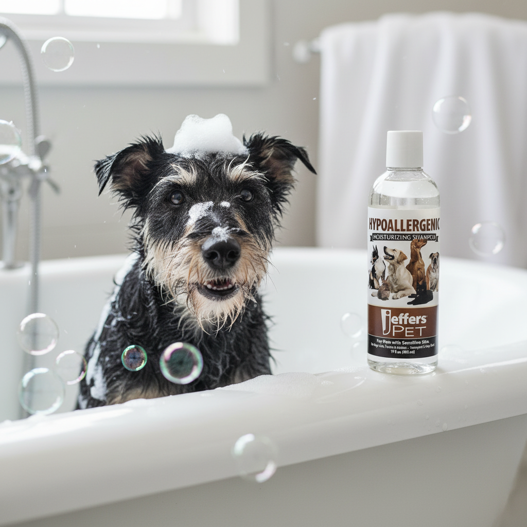 Hypoallergenic pet shampoo bottle on tub ledge with wet dog