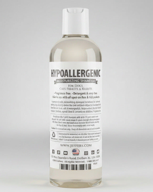 Pet shampoo bottle, back label panel view