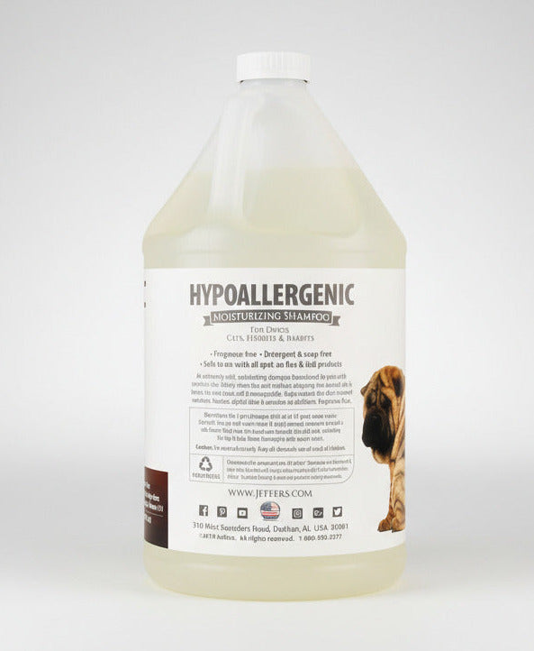 Pet shampoo jug bottle, back label view