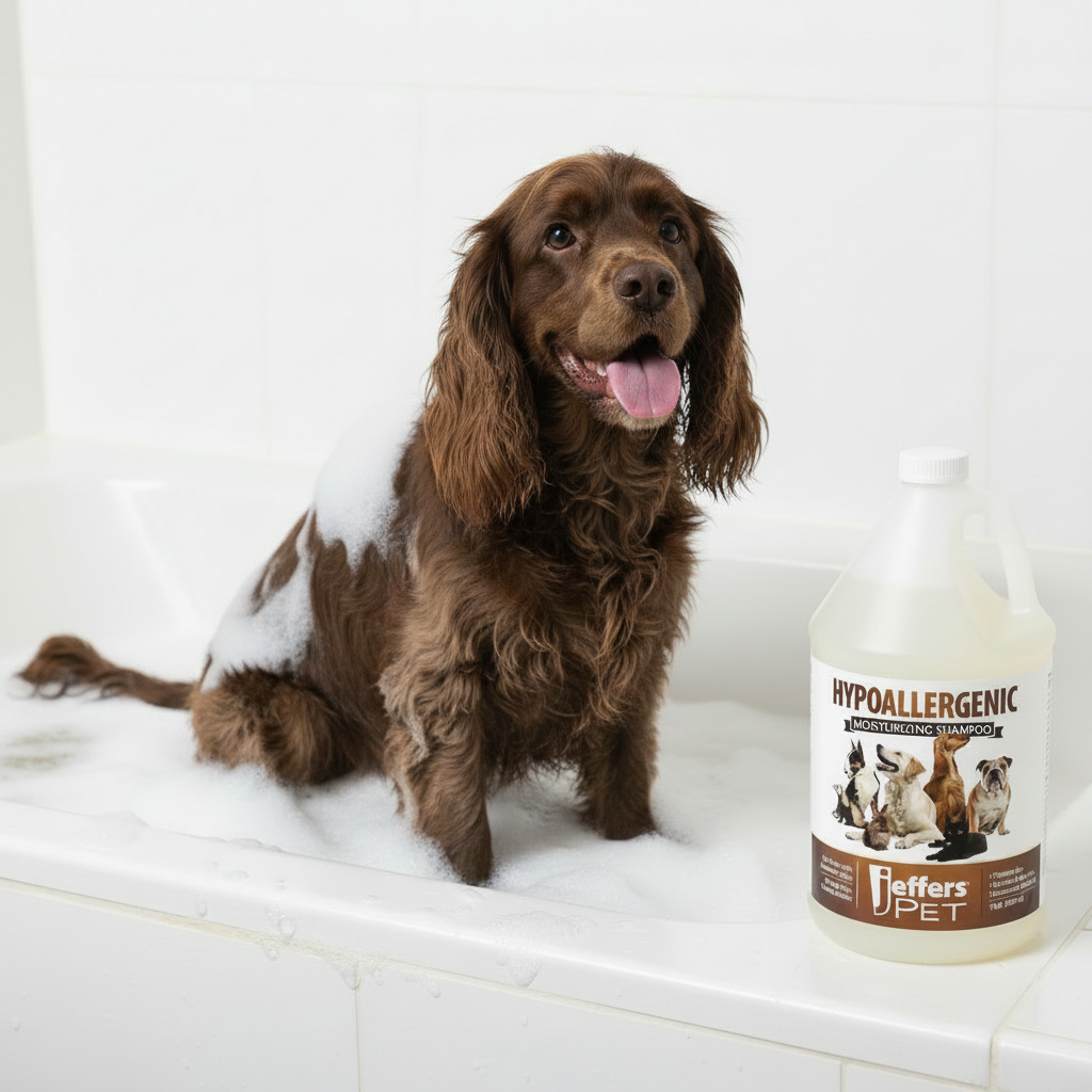 Pet shampoo bottle with white and brown dog sitting in a bathtub