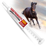 Probiotic oral gel syringe for horses, white barrel with red Jeffers Equine label