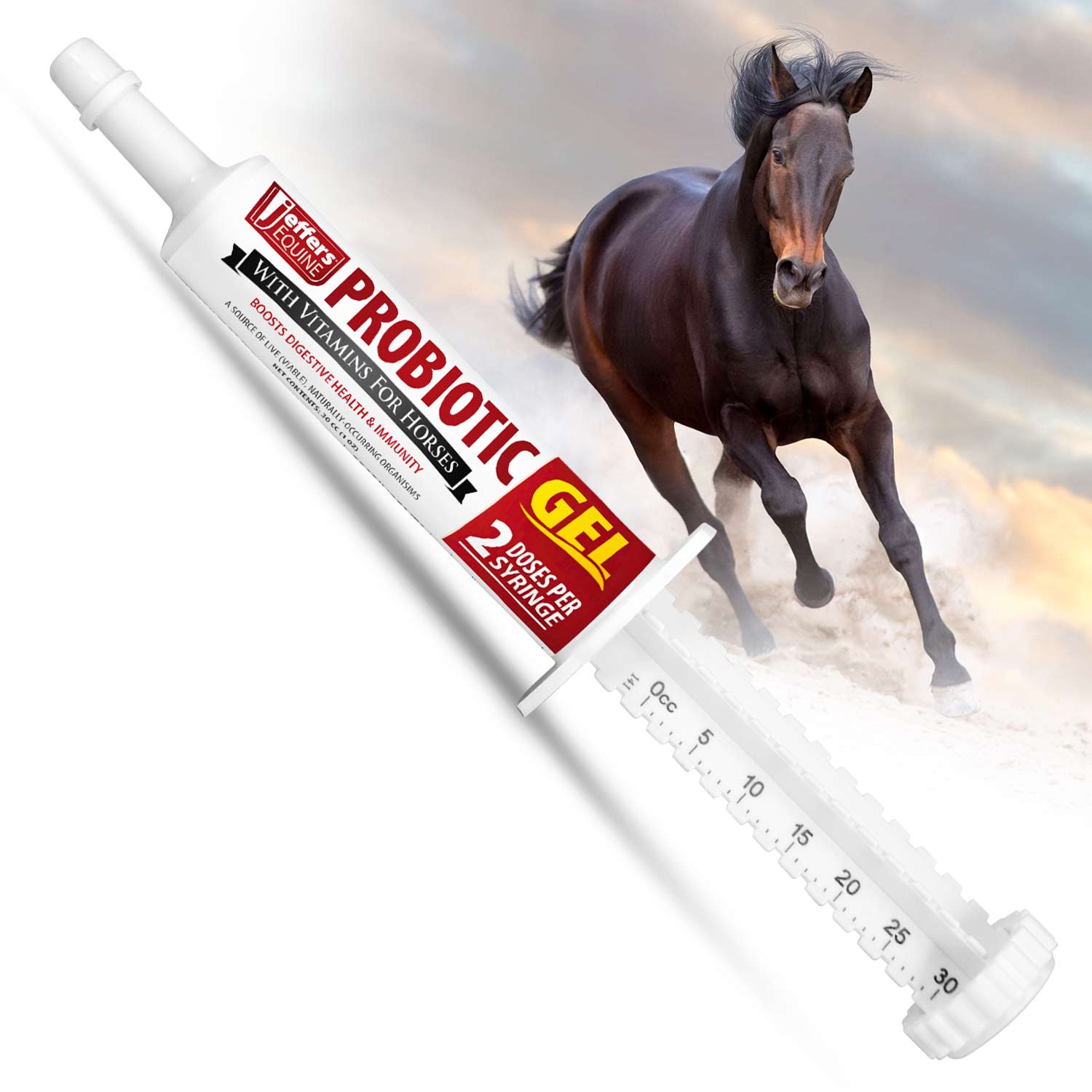 Probiotic oral gel syringe for horses, white barrel with red Jeffers Equine label