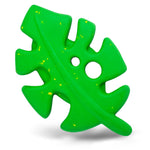 Jeffers green leaf-shaped natural rubber dog chew toy, top-front view with two holes