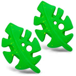 Green leaf-shaped natural rubber dog chew toy with dental holes, two-piece set