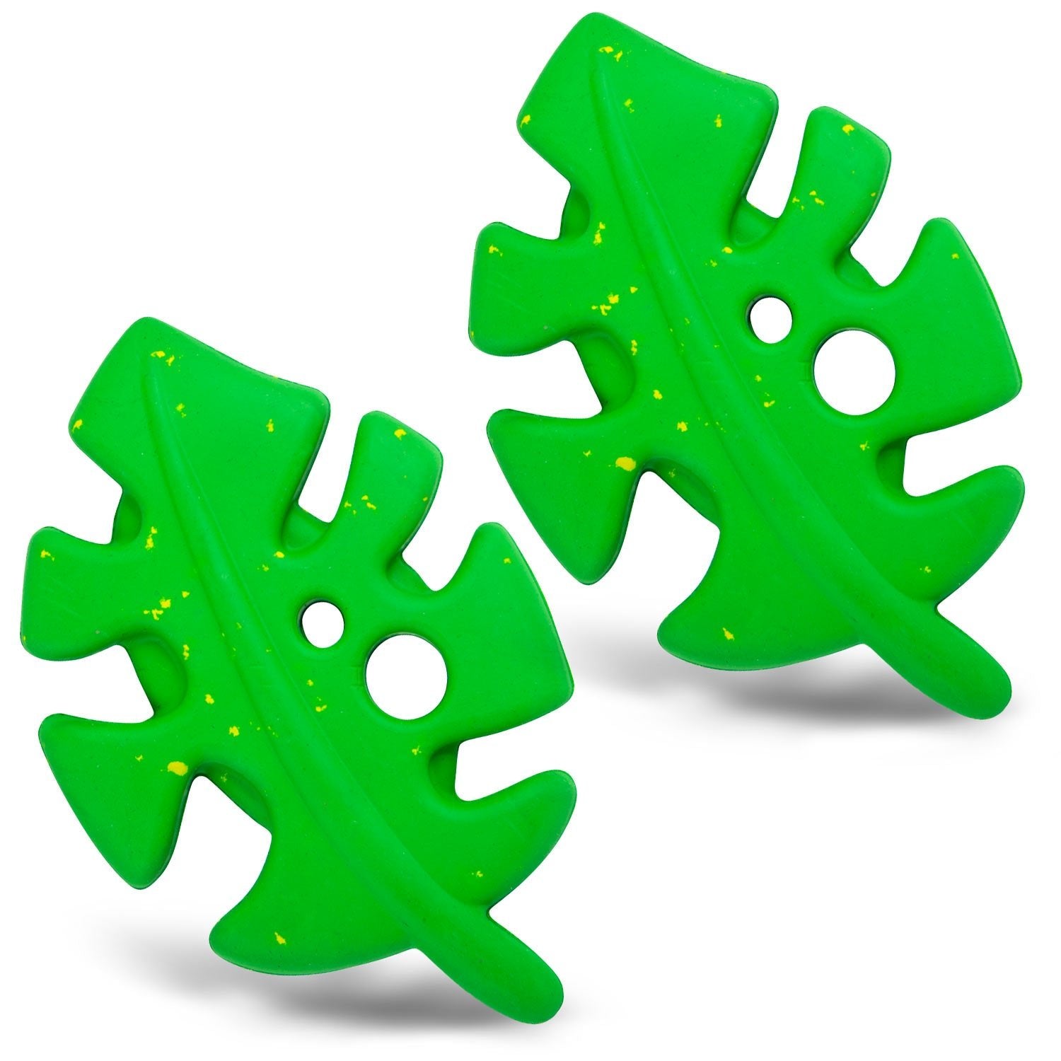 Green leaf-shaped natural rubber dog chew toy with dental holes, two-piece set
