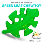 Jeffers green leaf-shaped natural rubber dog chew toy, front view with two holes
