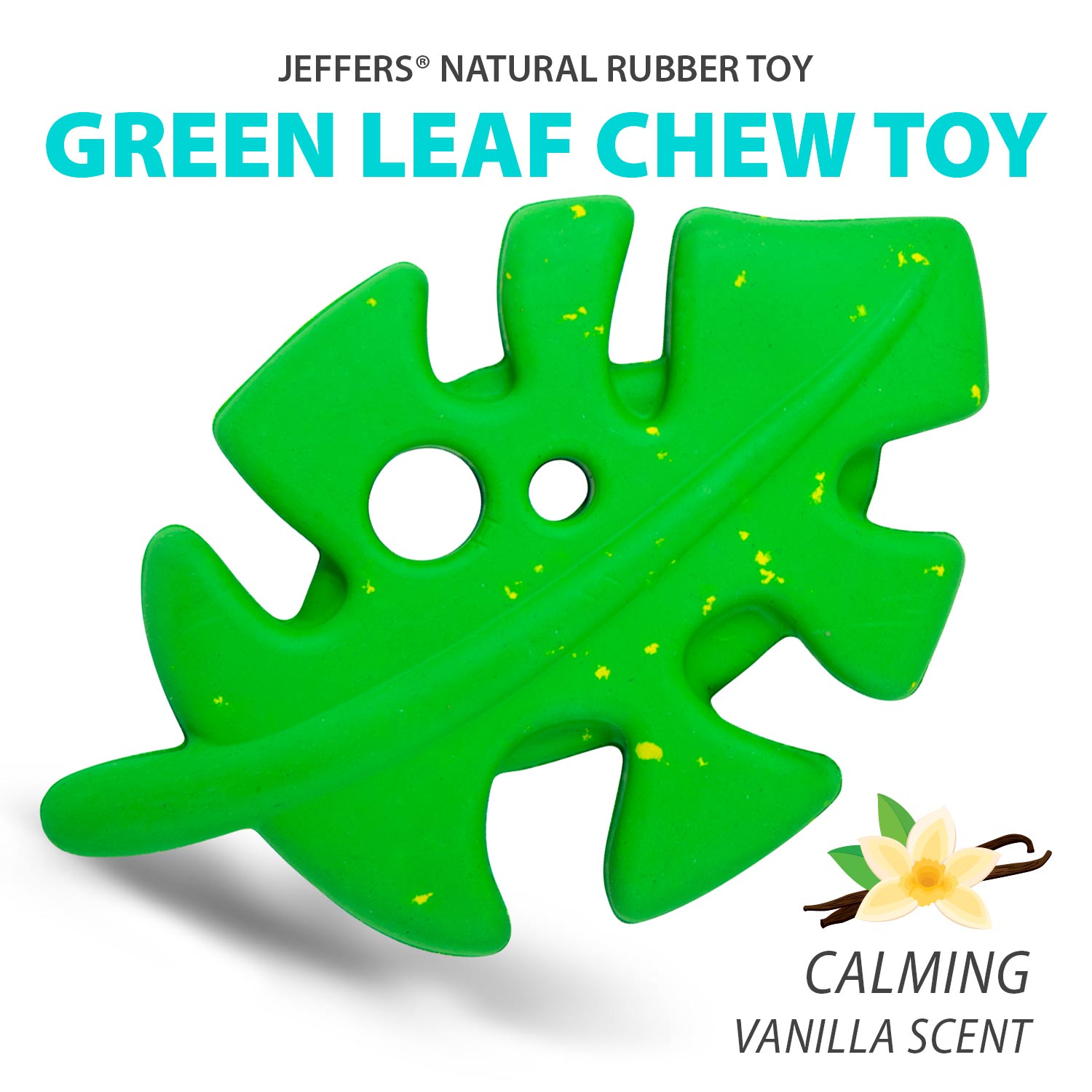 Jeffers green leaf-shaped natural rubber dog chew toy, front view with two holes