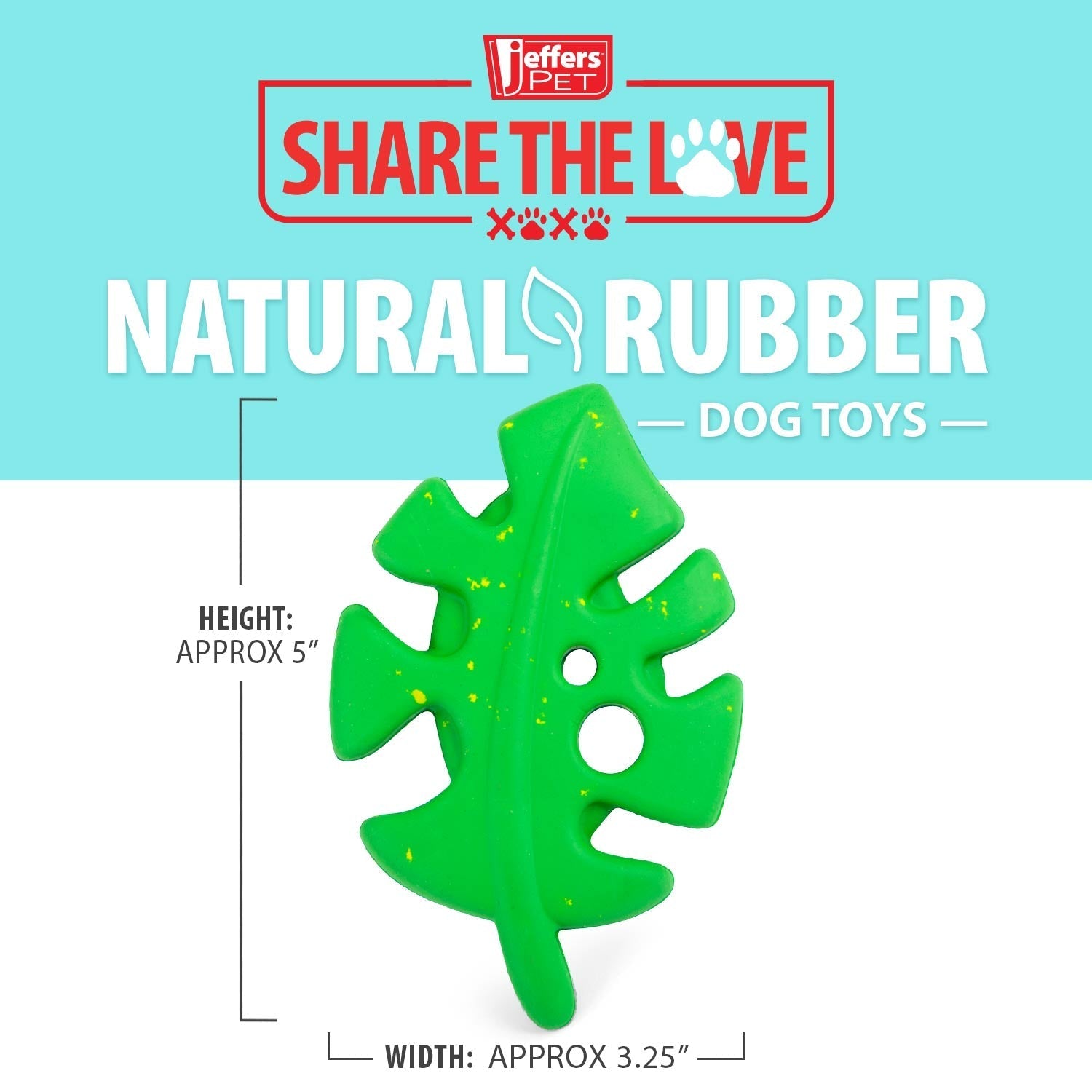 Jeffers green leaf-shaped natural rubber dog chew toy on packaging card