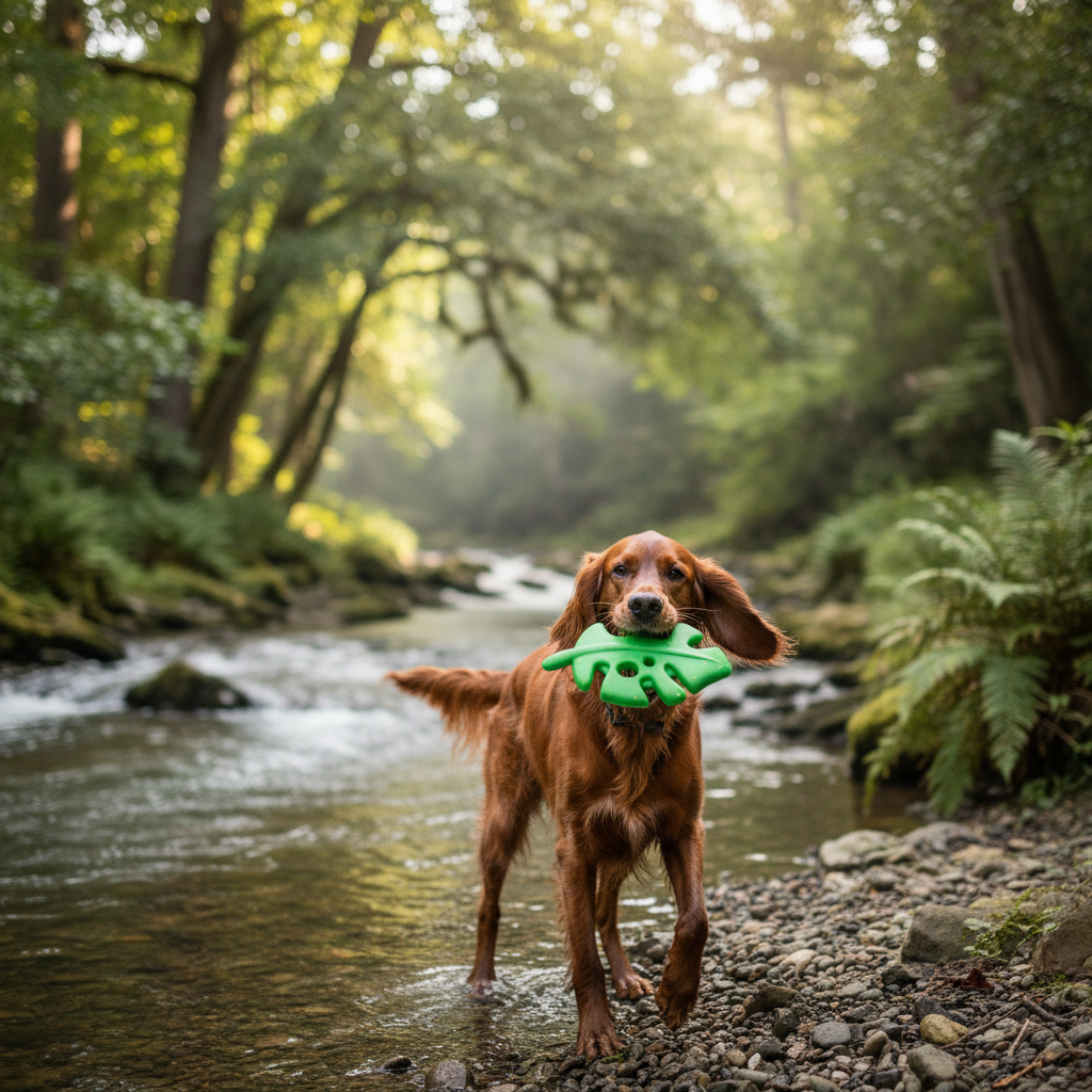 Leaf-shaped green natural rubber dog chew toy with ridged edges