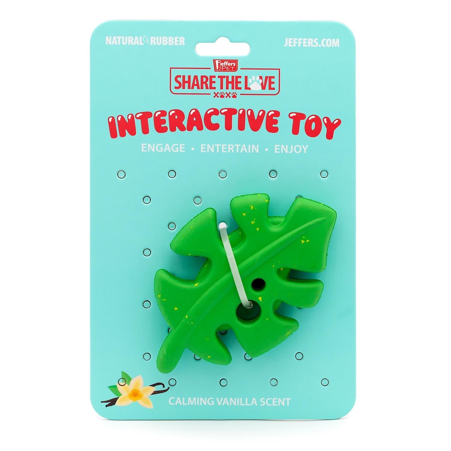 Jeffers interactive toy package with green leaf-shaped natural rubber chew toy