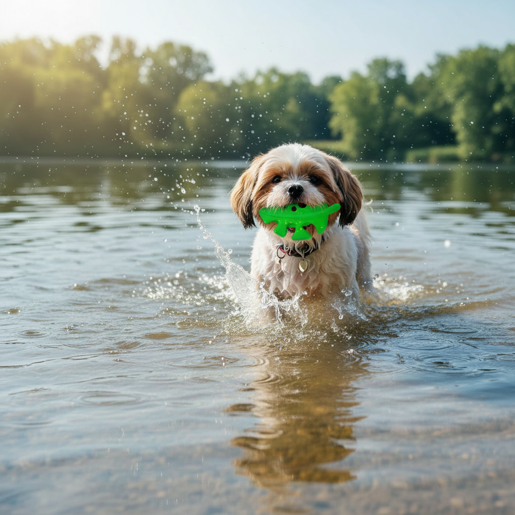 Leaf-shaped green natural rubber dog chew toy with ridged edges, wet with splashes