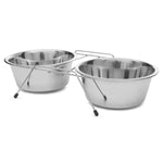 Stainless steel double low-profile pet bowls with wire stand, two bowls