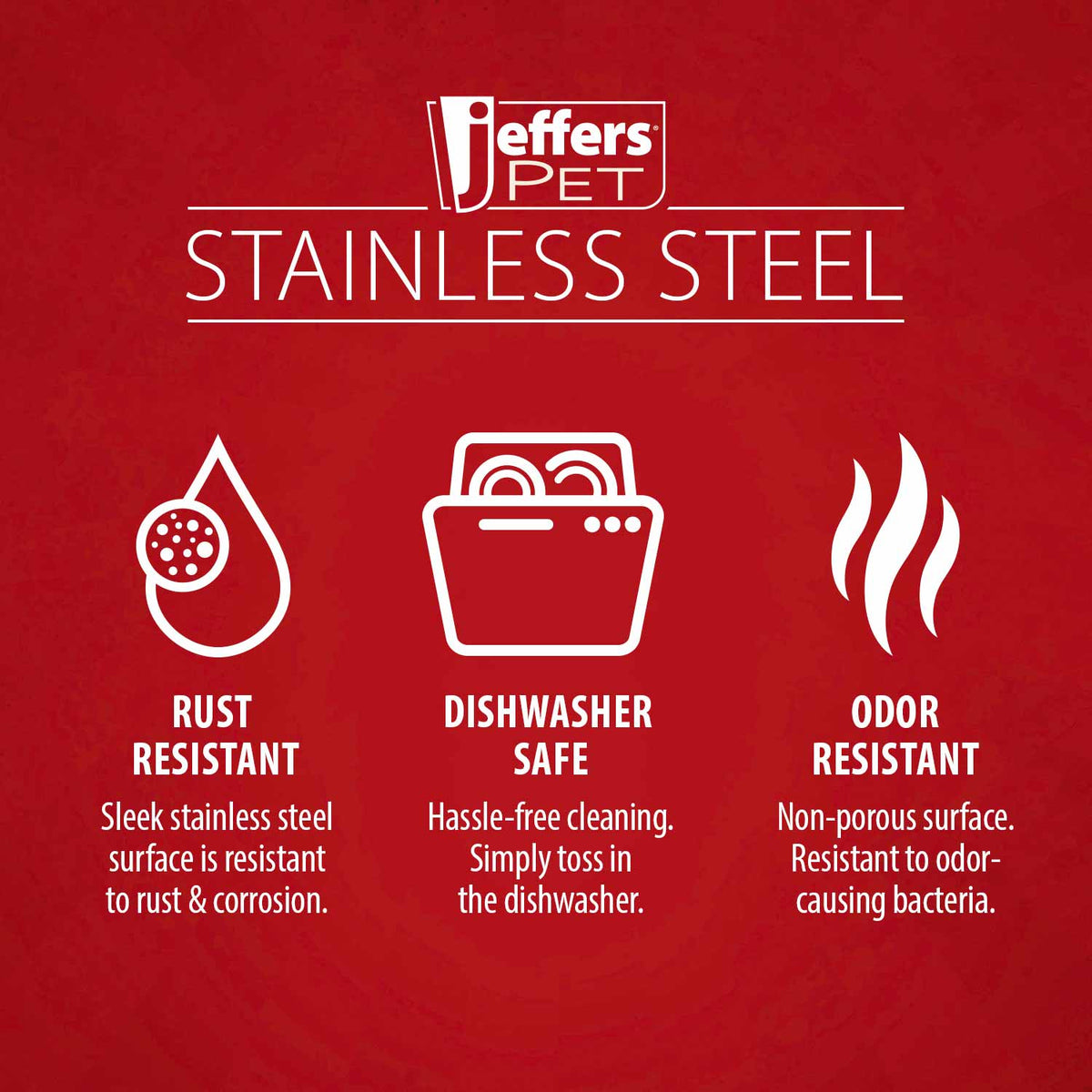 Stainless steel pet bowl feature infographic with Jeffers Pet logo and icons