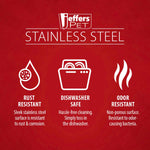 Stainless steel pet bowl feature infographic with Jeffers Pet logo and icons