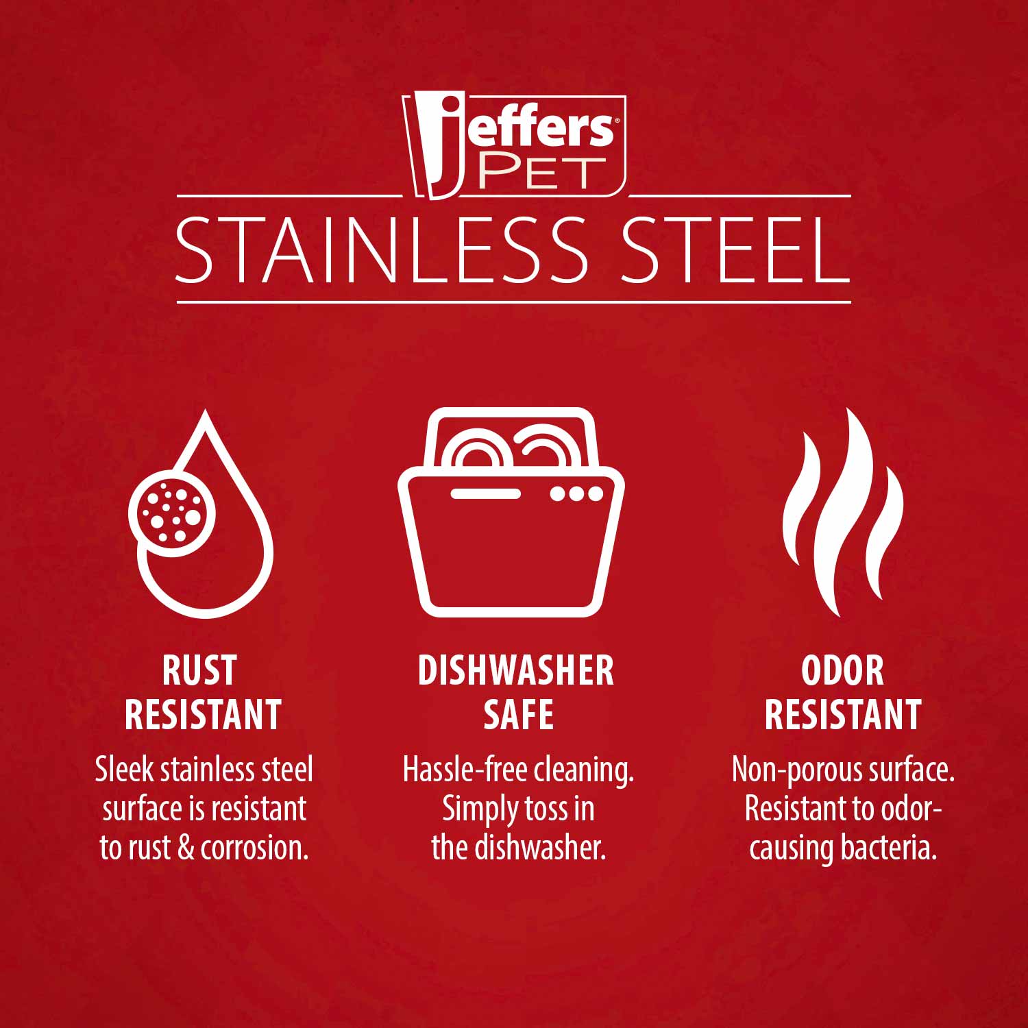Stainless steel pet bowl feature infographic with Jeffers Pet logo and icons