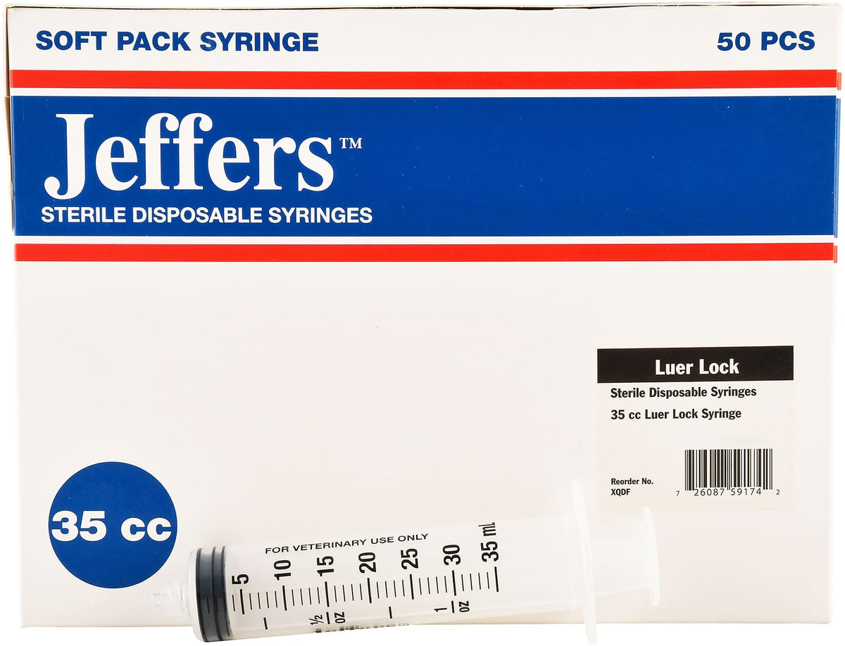 Jeffers Luer Lock syringe box, 35 cc, 50 pcs, with syringe and scale