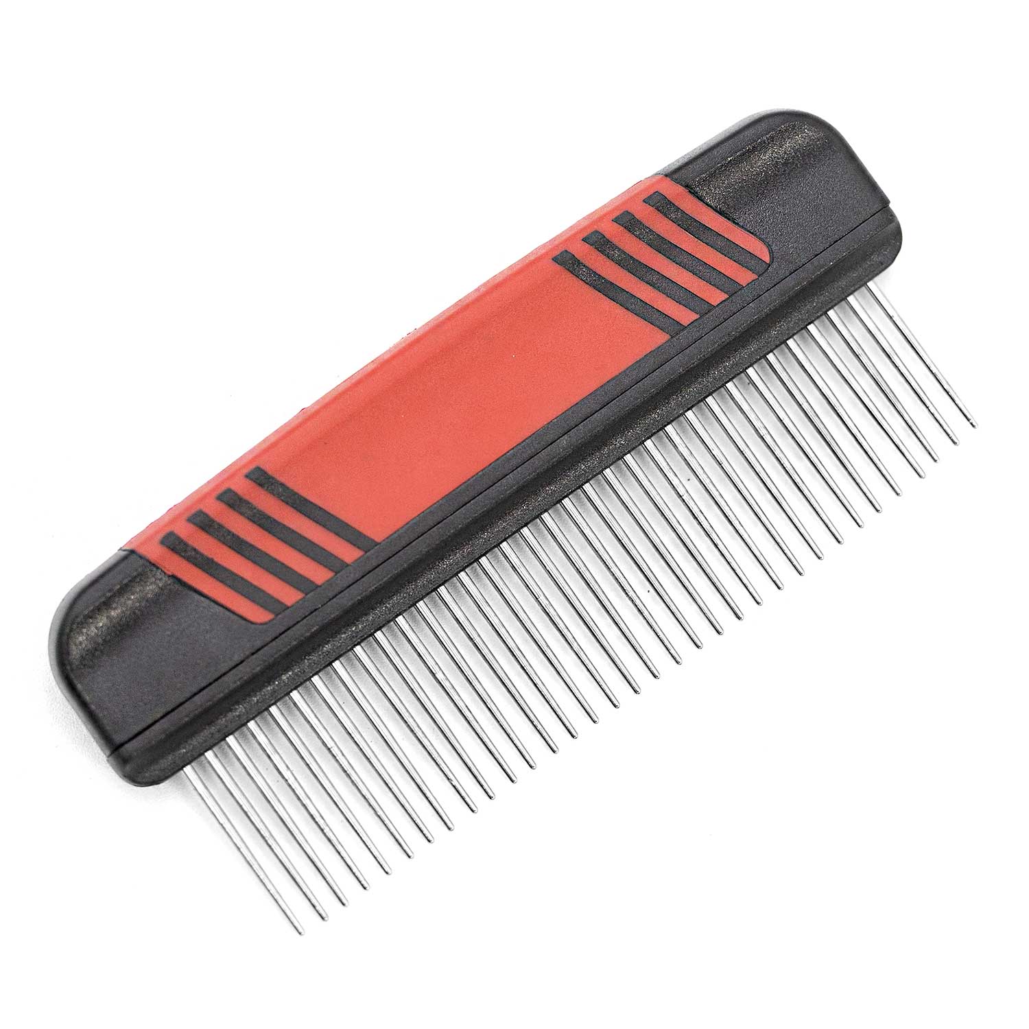 Pet grooming comb with spring teeth, red grip and black base, fine metal pins