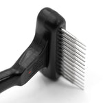 Pet grooming undercoat rake head with spring metal pins on black handle