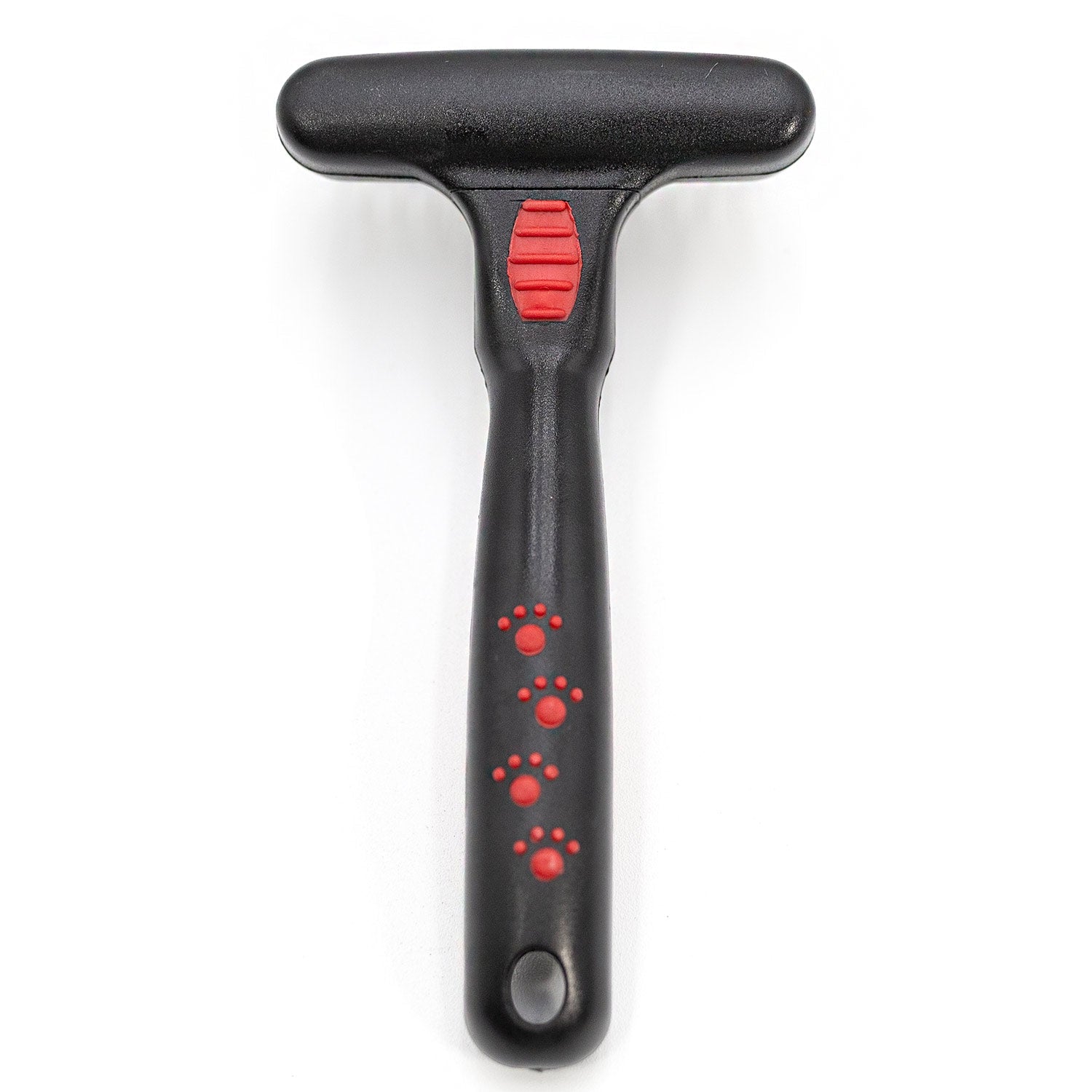 Pet undercoat grooming rake with spring metal pins and black T-handle with red accents