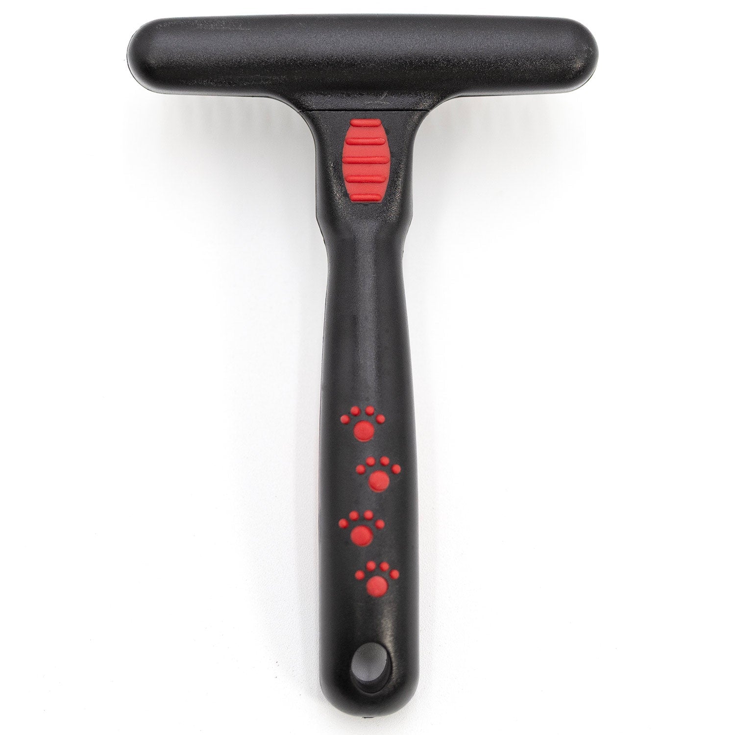 Pet undercoat grooming rake with spring pins and black handle with red paw icons