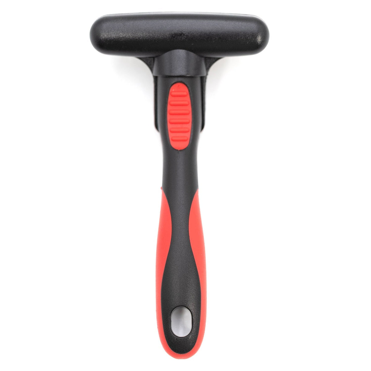 Pet undercoat grooming rake with spring pins and red-and-black ergonomic handle