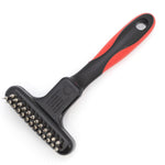 Pet undercoat grooming rake with spring metal pins and black handle with red side accents