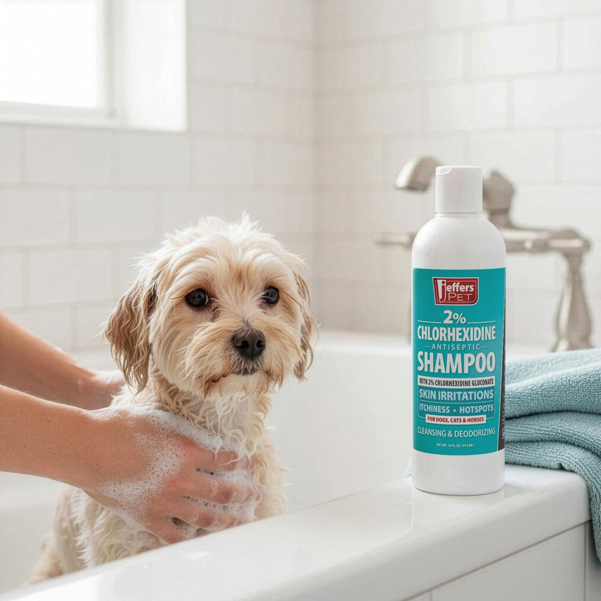 White dog in bathtub with Jeffers Pet 2% chlorhexidine shampoo bottle