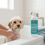 White dog in bathtub with Jeffers Pet 2% chlorhexidine shampoo bottle