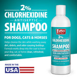 2% chlorhexidine antiseptic shampoo bottle for dogs, cats & horses, label shown