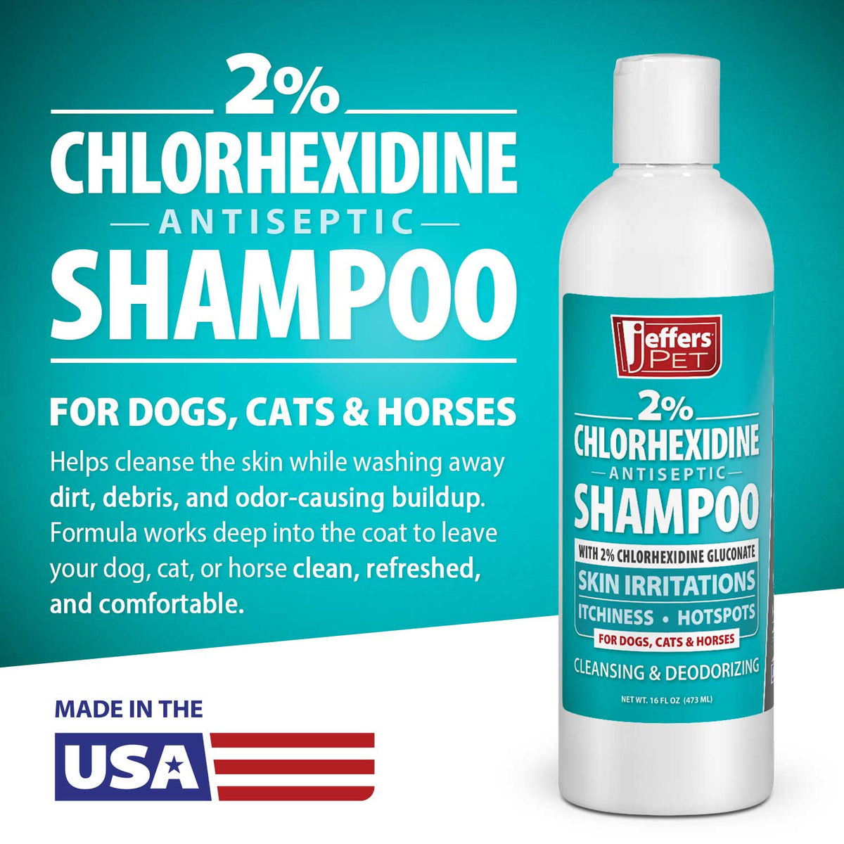 2% chlorhexidine antiseptic shampoo bottle for dogs, cats & horses, label shown
