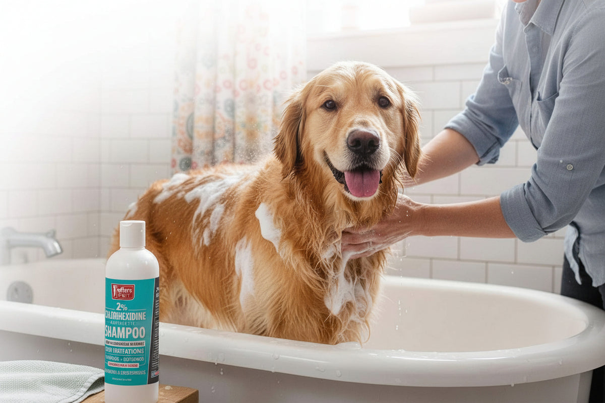 Dog bathing with Jeffers Pet 2% chlorhexidine shampoo bottle, enriched with aloe vera
