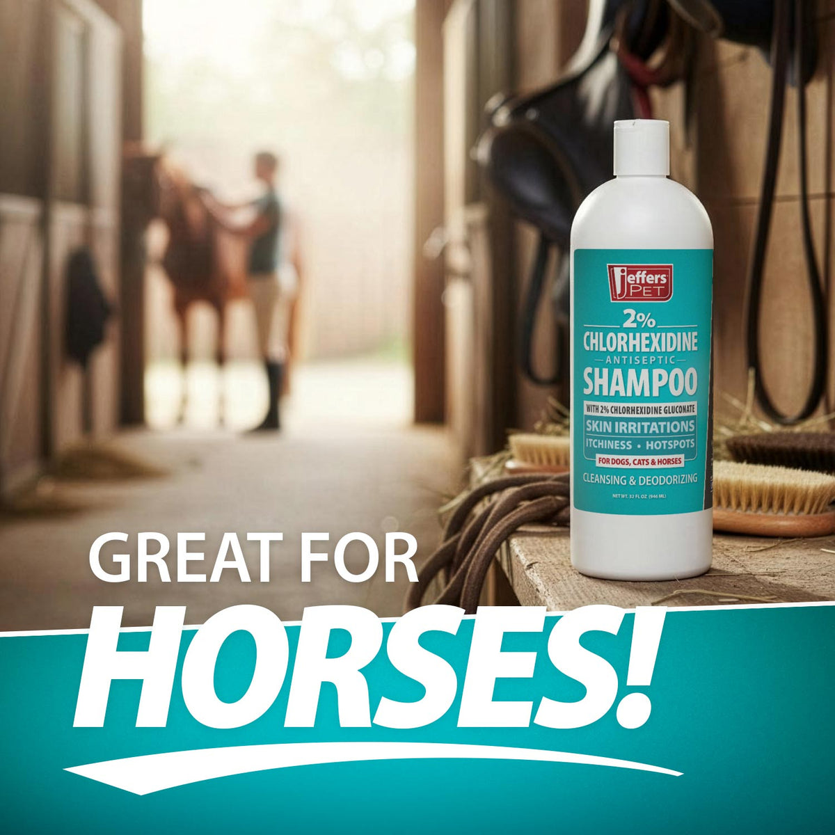 2% chlorhexidine shampoo bottle for horses with label in focus