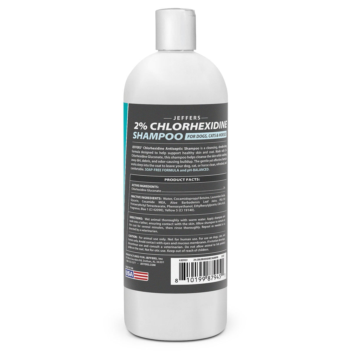 Jeffers 2% chlorhexidine shampoo bottle back label with ingredients and USA mark