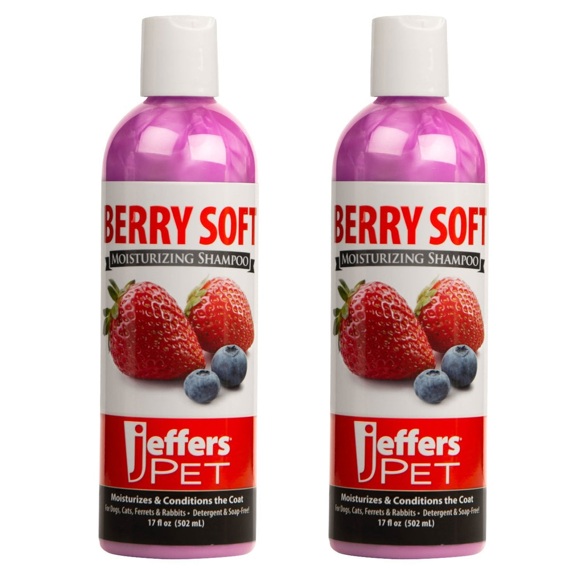 Two pet moisturizing shampoo bottles, Berry Soft scent, side-by-side, purple caps.