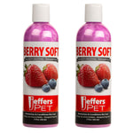 Two pet moisturizing shampoo bottles, Berry Soft scent, side-by-side, purple caps.