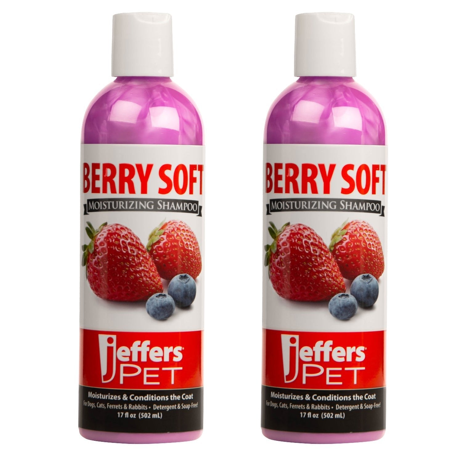 Two pet moisturizing shampoo bottles, Berry Soft scent, side-by-side, purple caps.