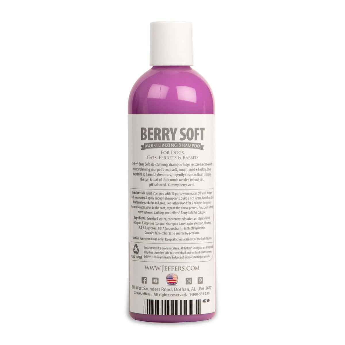 Pet moisturizing shampoo bottle, Berry Soft scent, back label view with barcode.