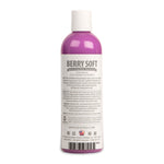 Pet moisturizing shampoo bottle, Berry Soft scent, back label view with barcode.