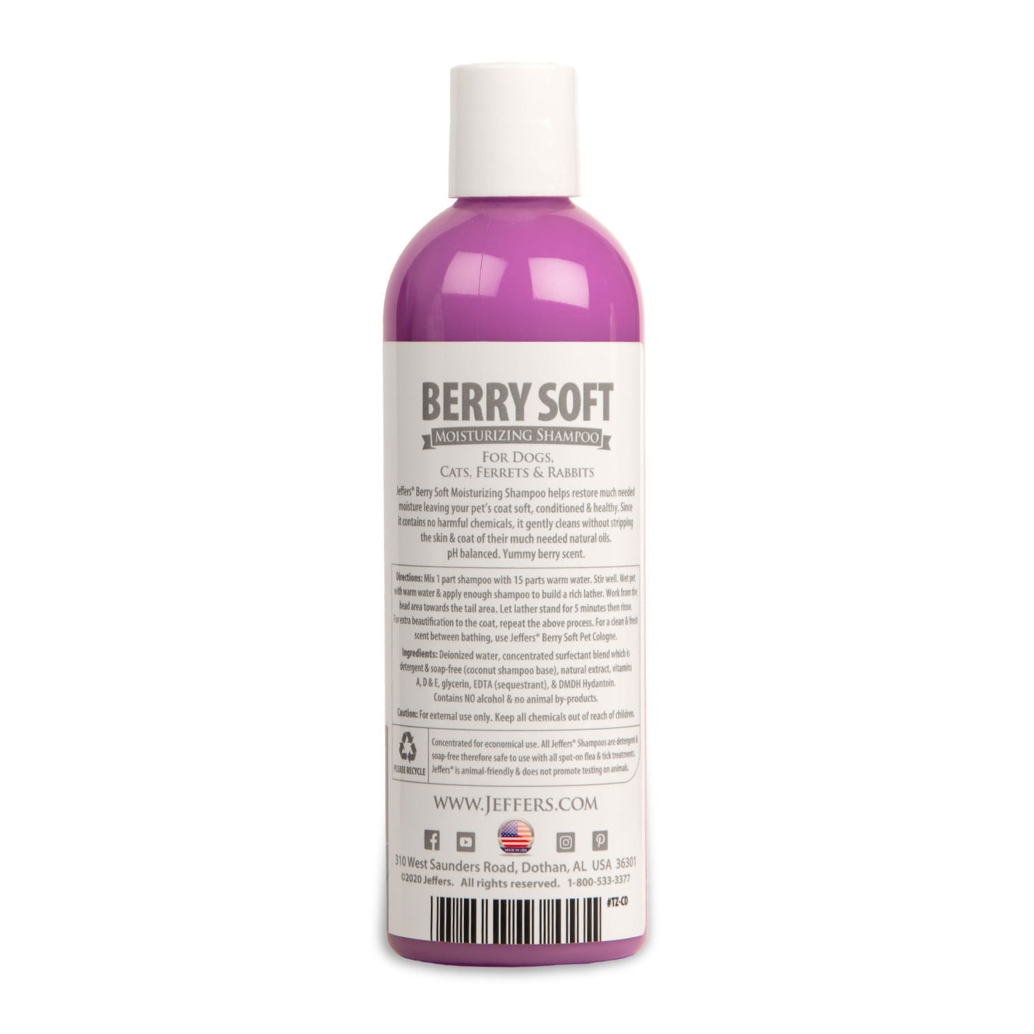 Pet moisturizing shampoo bottle, Berry Soft scent, back label view with barcode.