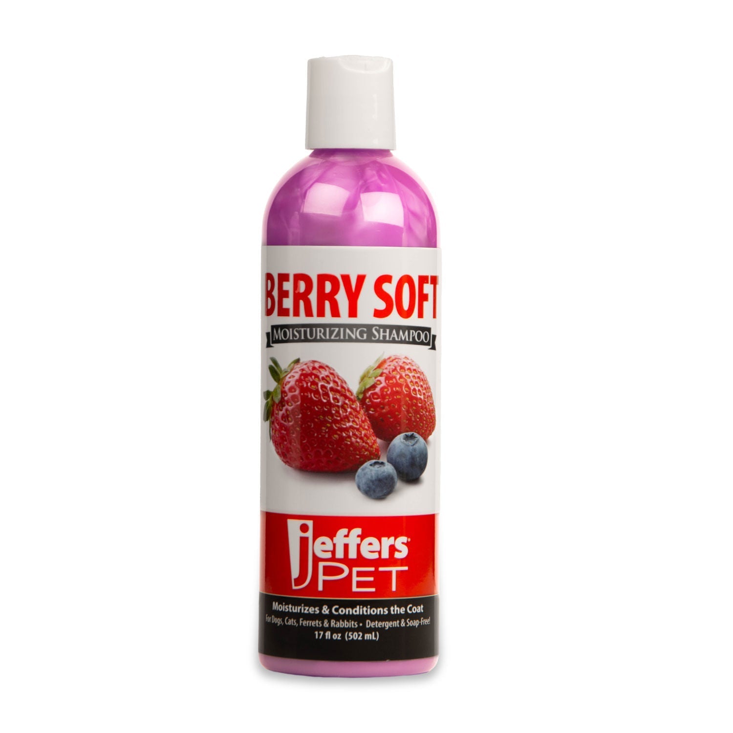Pet moisturizing shampoo bottle, Berry Soft scent, purple label and white cap.