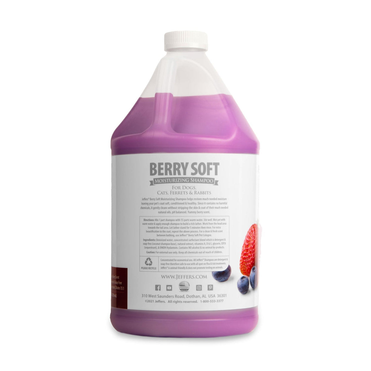 Pet moisturizing shampoo jug bottle, Berry Soft scent, back label side view.