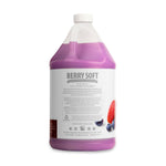 Pet moisturizing shampoo jug bottle, Berry Soft scent, back label side view.