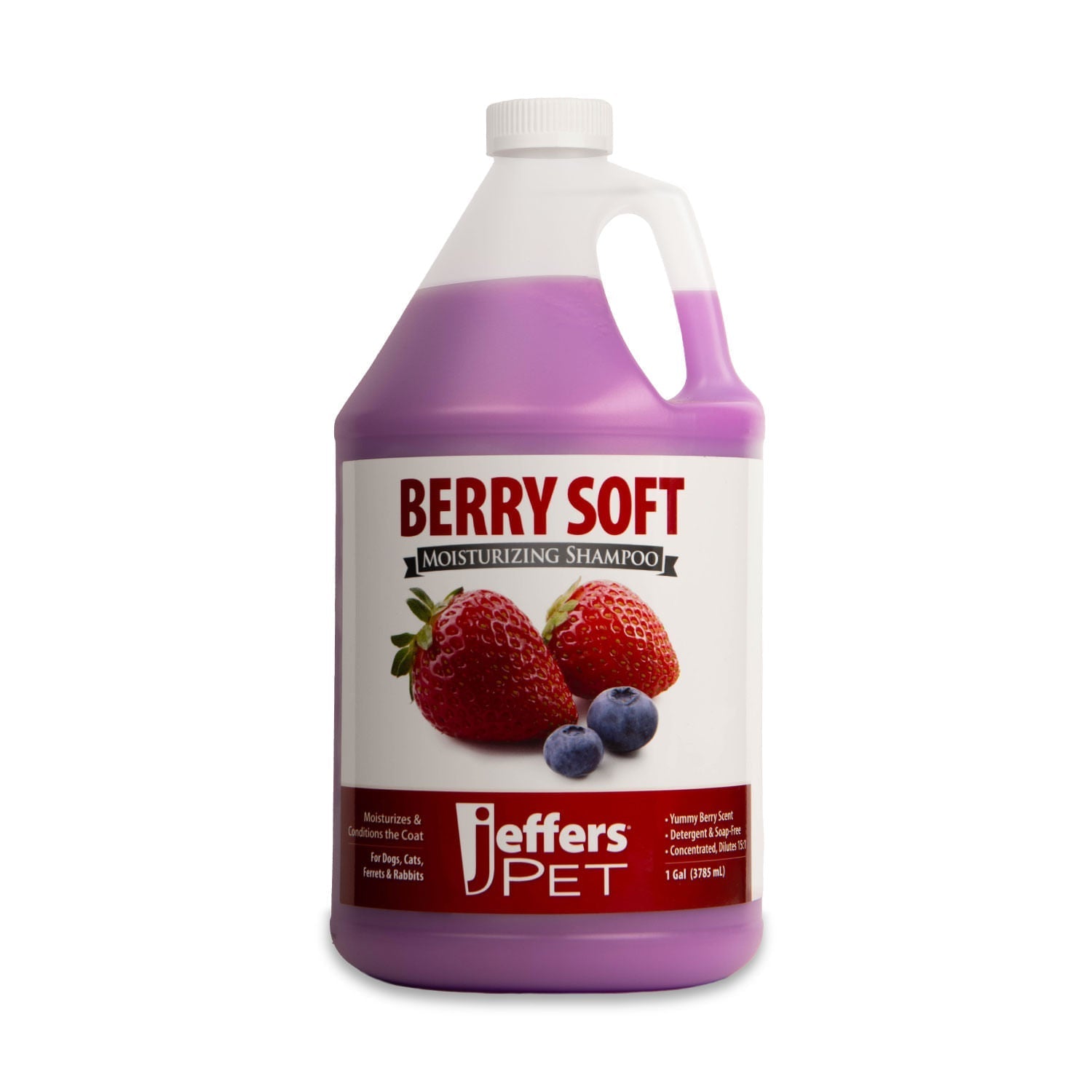 Pet moisturizing shampoo jug bottle, Berry Soft scent, with white cap and handle.