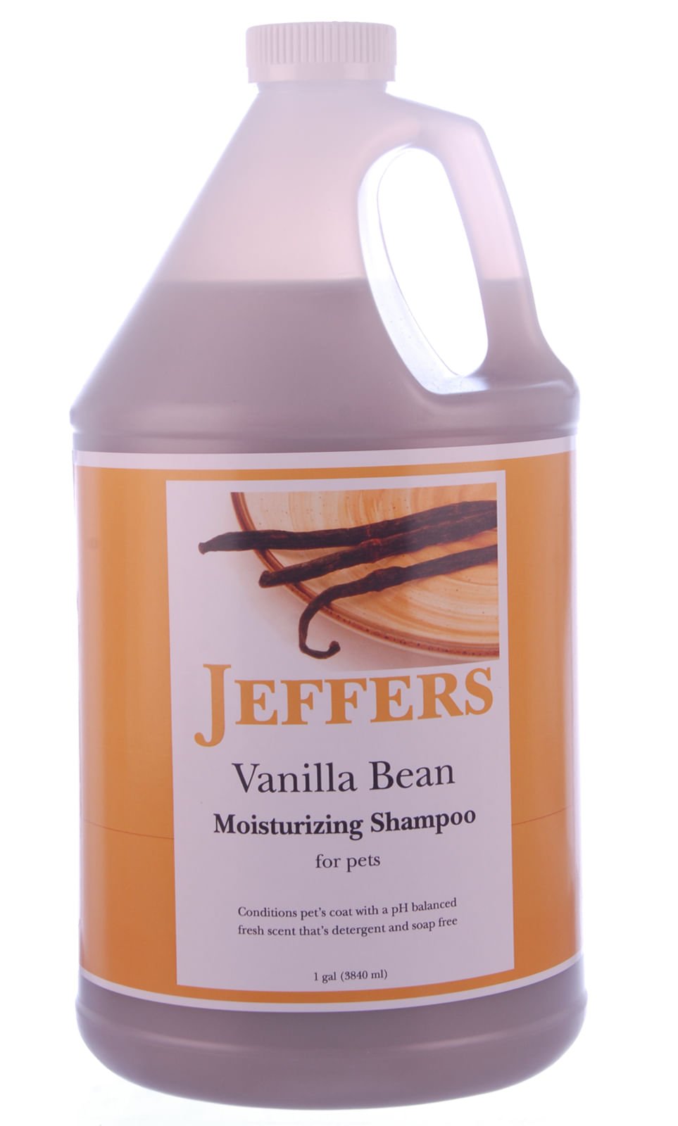 Pet moisturizing shampoo jug bottle, Vanilla Bean scent, white bottle with purple liquid.