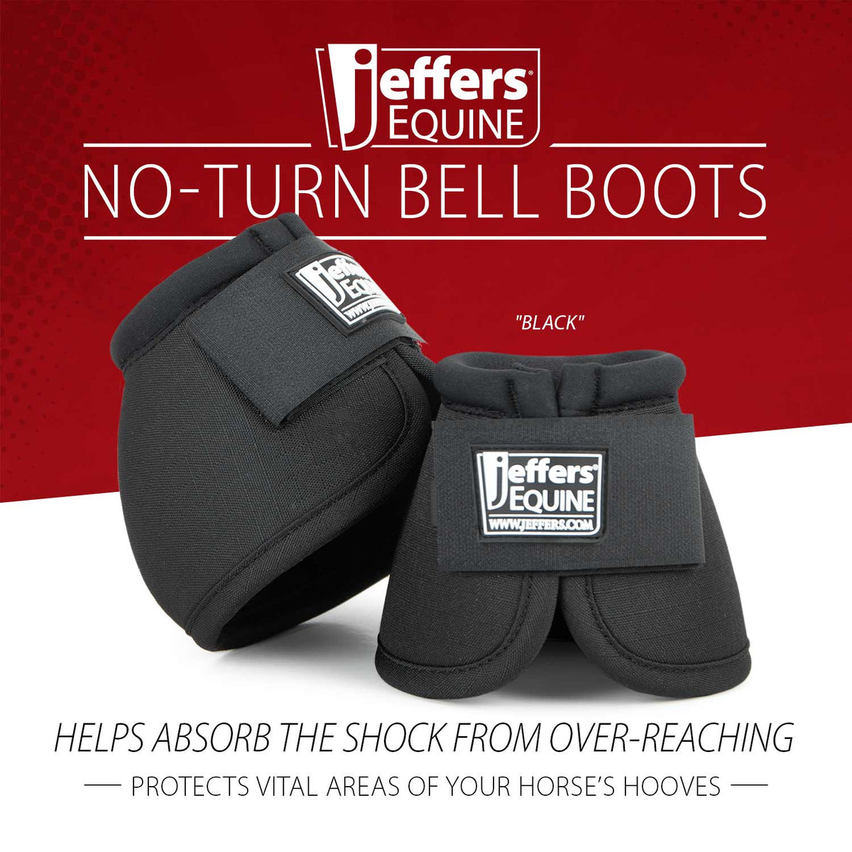 Black no-turn bell boots for horses with padded cuffs and front strap details