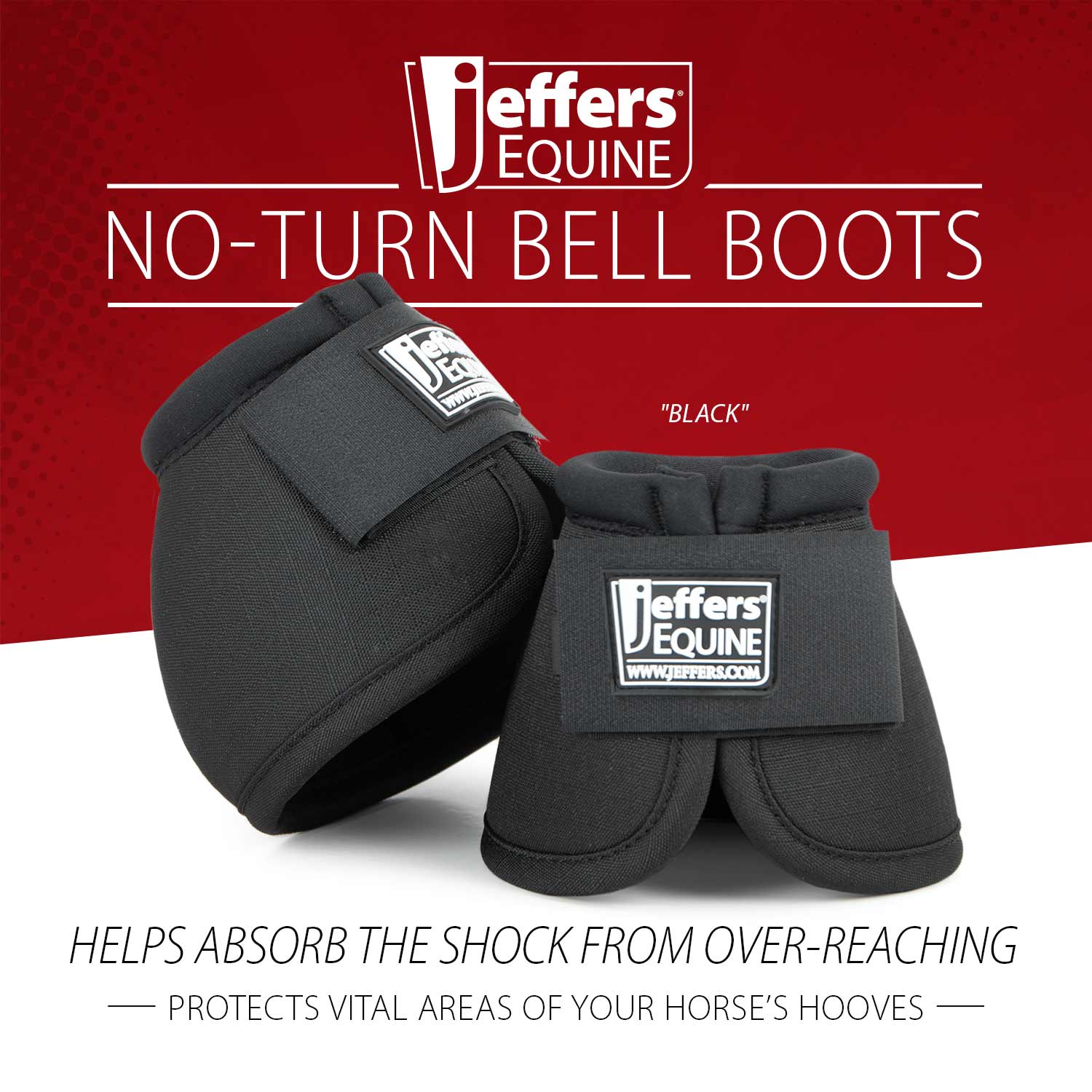 Black no-turn bell boots for horses, angled view with Velcro straps and logo patch