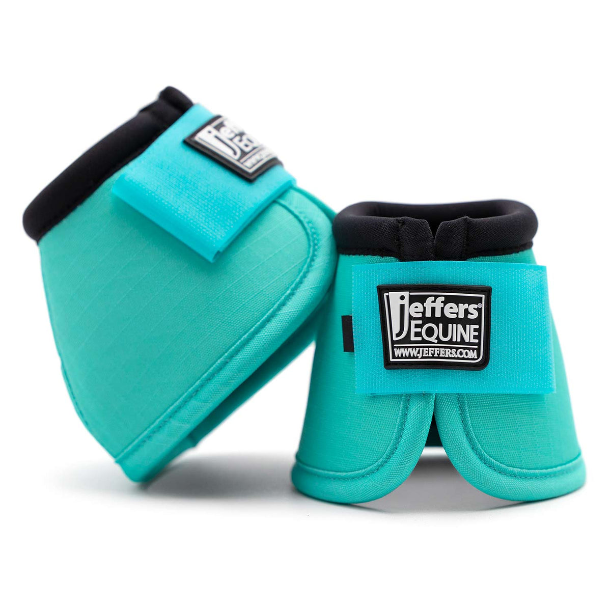 Turquoise horse bell boots set with black trim and Jeffer's Equine logo patches.